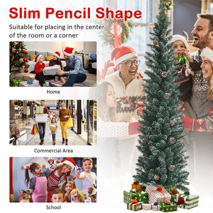 1.8M Slim Pencil Christmas Tree with Pine Cones and Snowy Branch Tips
