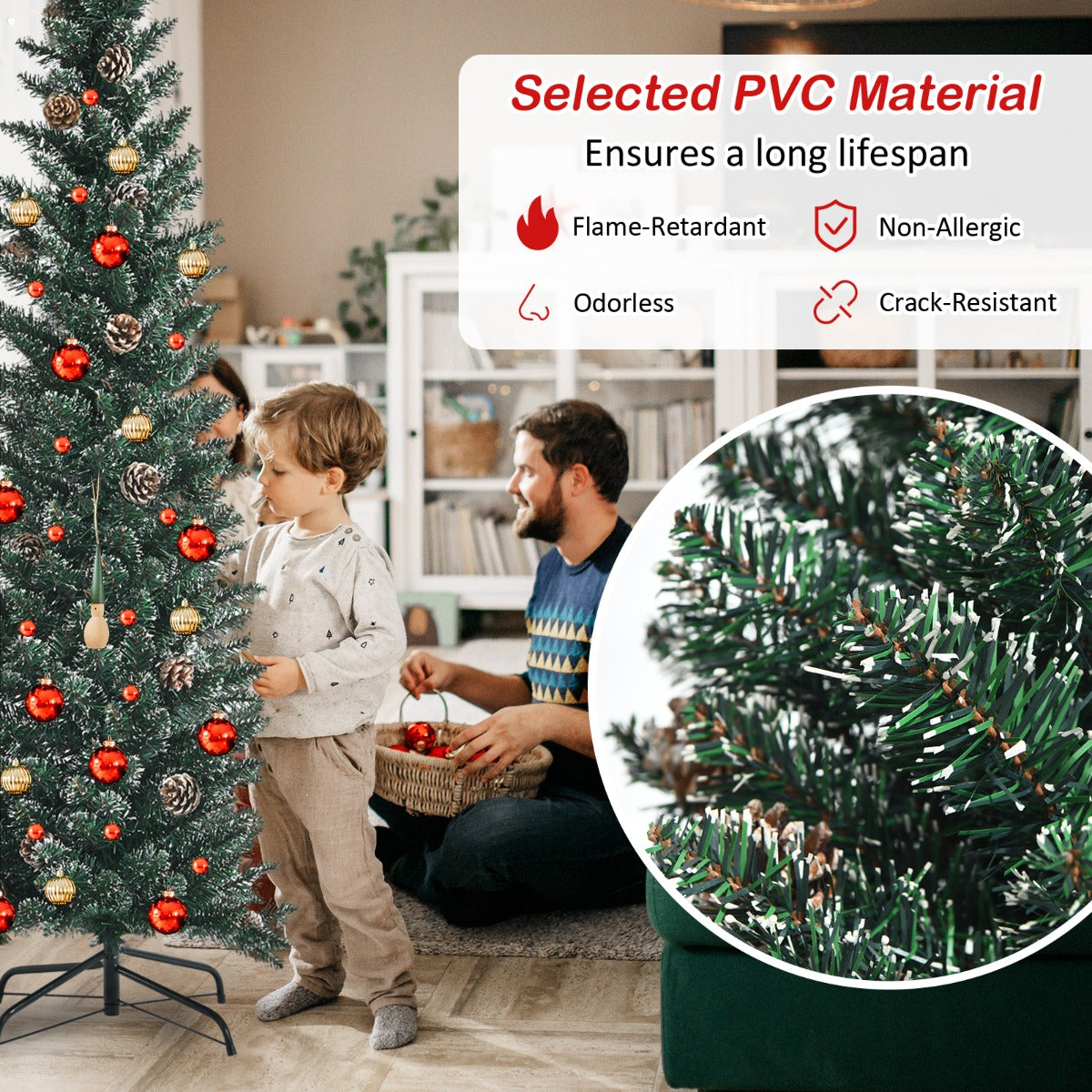 1.8M Slim Pencil Christmas Tree with Pine Cones and Snowy Branch Tips