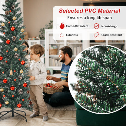 1.8M Slim Pencil Christmas Tree with Pine Cones and Snowy Branch Tips