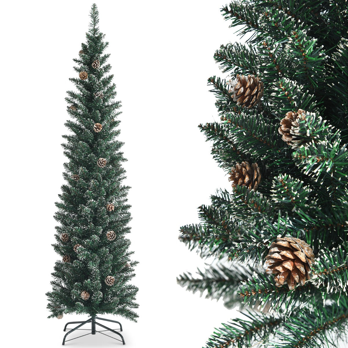 1.8M Slim Pencil Christmas Tree with Pine Cones and Snowy Branch Tips