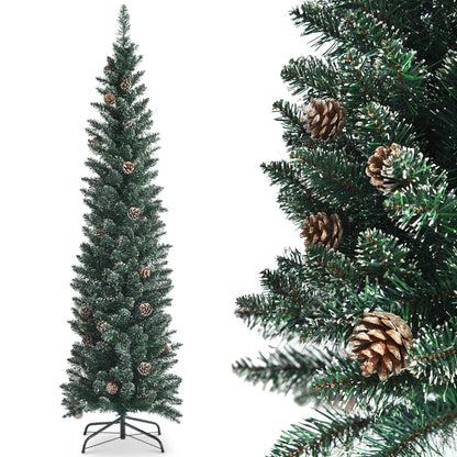 1.8M Slim Pencil Christmas Tree with Pine Cones and Snowy Branch Tips