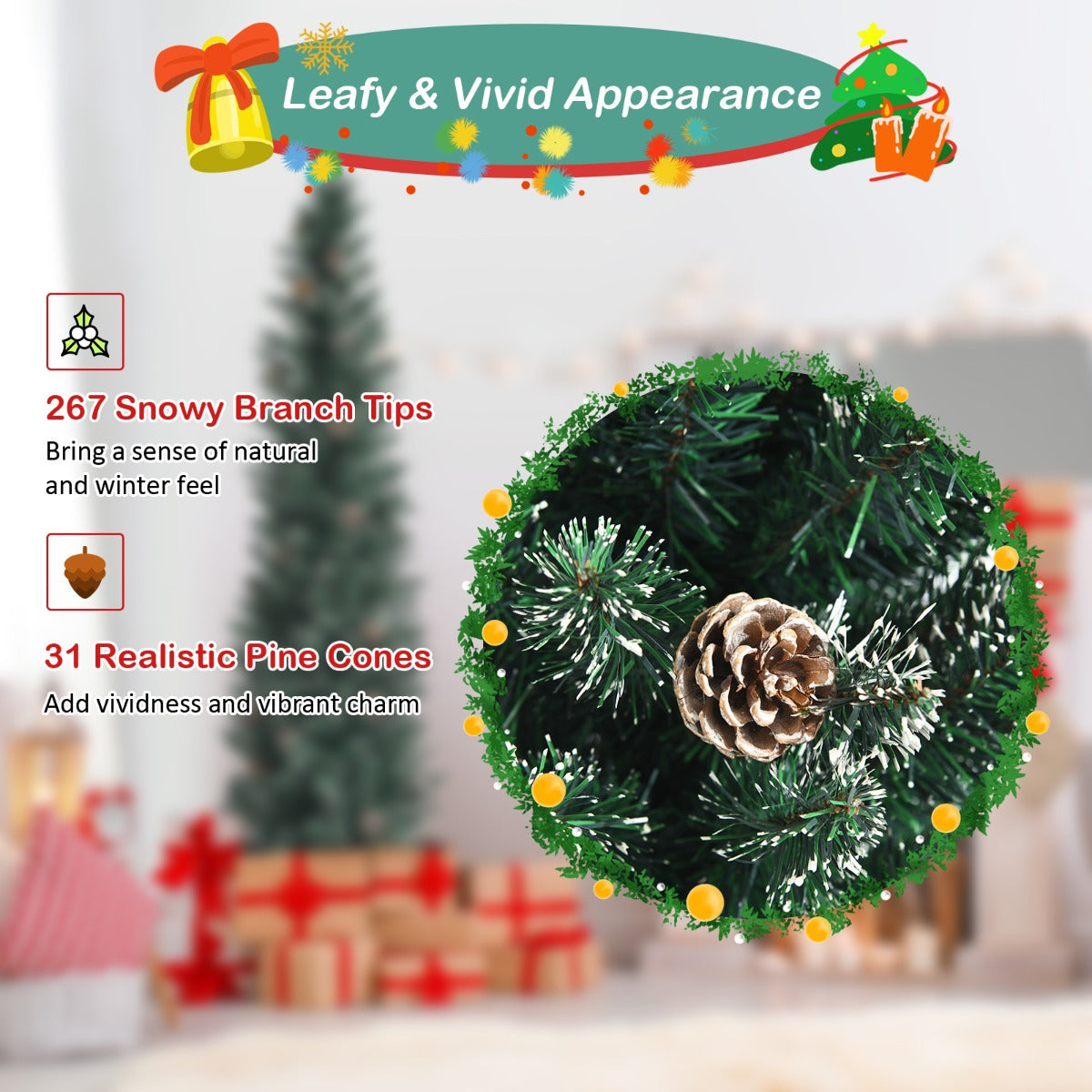 1.8M Slim Pencil Christmas Tree with Pine Cones and Snowy Branch Tips