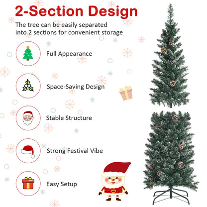 1.8M Slim Pencil Christmas Tree with Pine Cones and Snowy Branch Tips