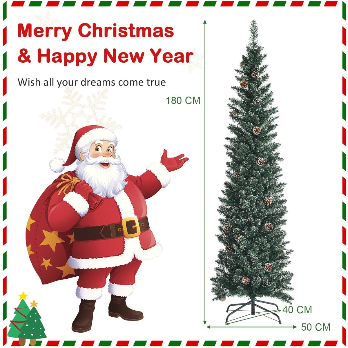 1.8M Slim Pencil Christmas Tree with Pine Cones and Snowy Branch Tips