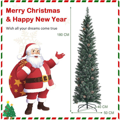 1.8M Slim Pencil Christmas Tree with Pine Cones and Snowy Branch Tips