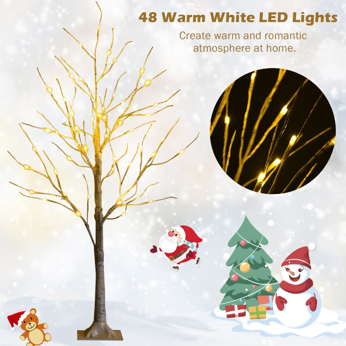 1.2M LED Twig Birch Tree with Warm Lights, Flexible Branches for Holidays