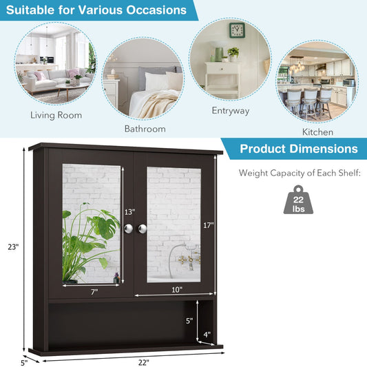 White wall-mounted cabinet with two mirrored doors and an open lower storage shelf