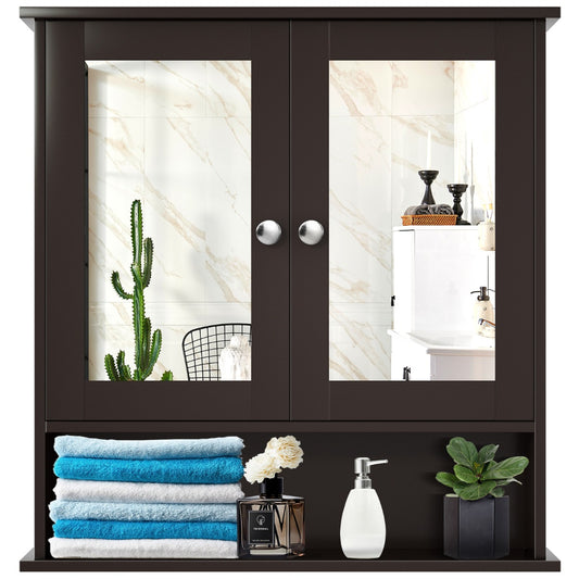 Costway Wall Mounted Hanging Storage Cabinet Cupboard with Doors and 2 Mirrors for Bathroom Laundry-Brown