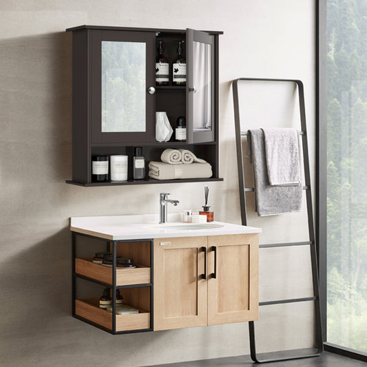 Costway Wall Mounted Hanging Storage Cabinet Cupboard with Doors and 2 Mirrors for Bathroom Laundry-Brown