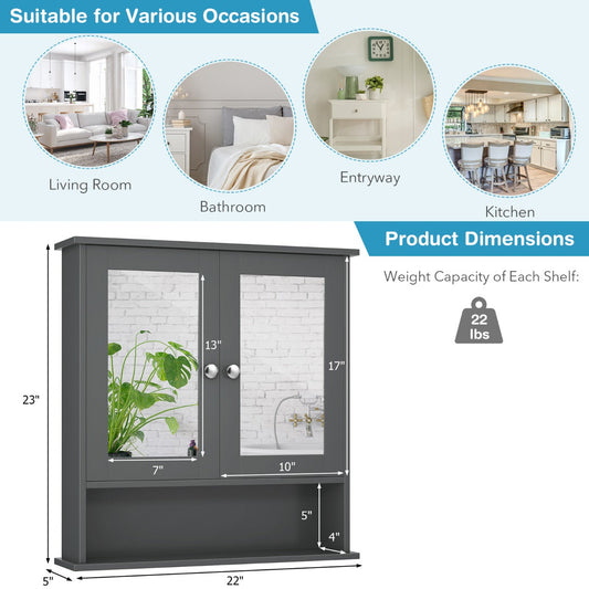 White wall-mounted cabinet with two mirrored doors and an open lower storage shelf