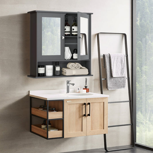Costway Wall Mounted Hanging Storage Cabinet Cupboard with Doors and 2 Mirrors for Bathroom Laundry-Gray