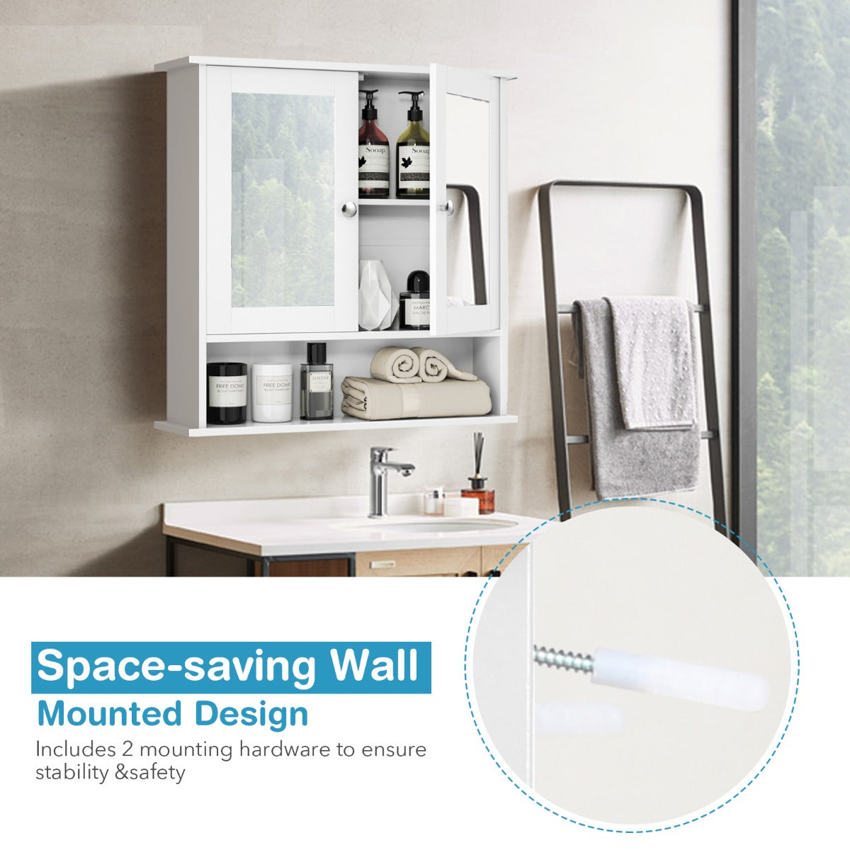 Costway Wall Mounted Hanging Storage Cabinet Cupboard with Doors and 2 Mirrors for Bathroom Laundry-White
