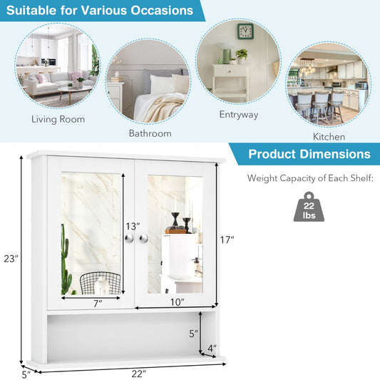 White MDF wall cabinet with mirrored double doors creates practical storage for bathrooms