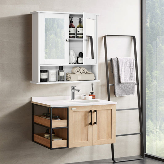 Costway Wall Mounted Hanging Storage Cabinet Cupboard with Doors and 2 Mirrors for Bathroom Laundry-White