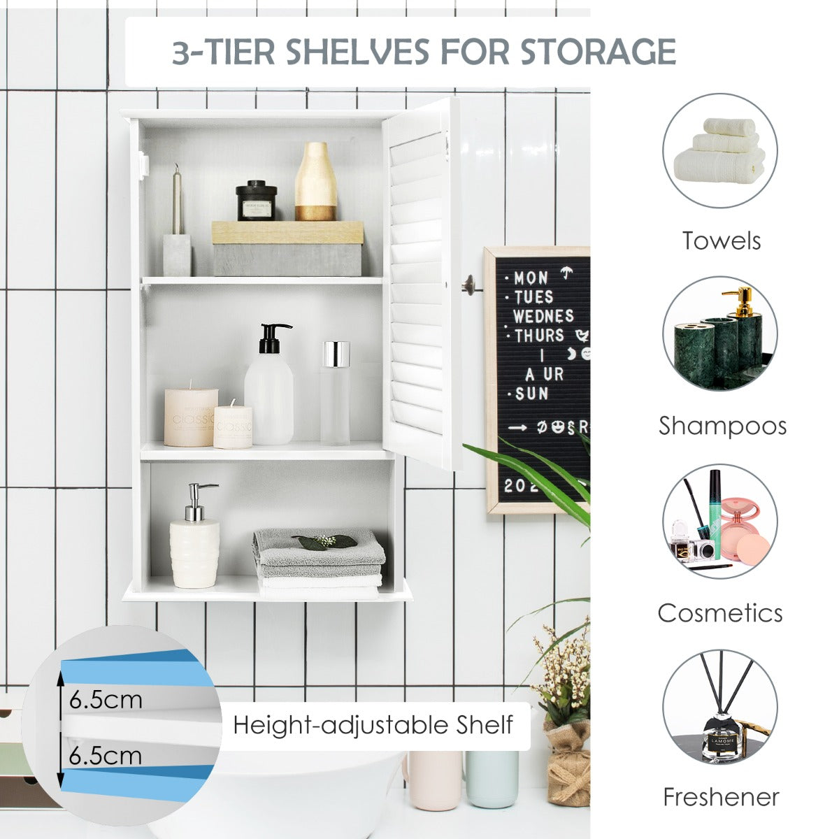 Large Capacity Storage Cupboard with Single Louver Door for Bathroom-White