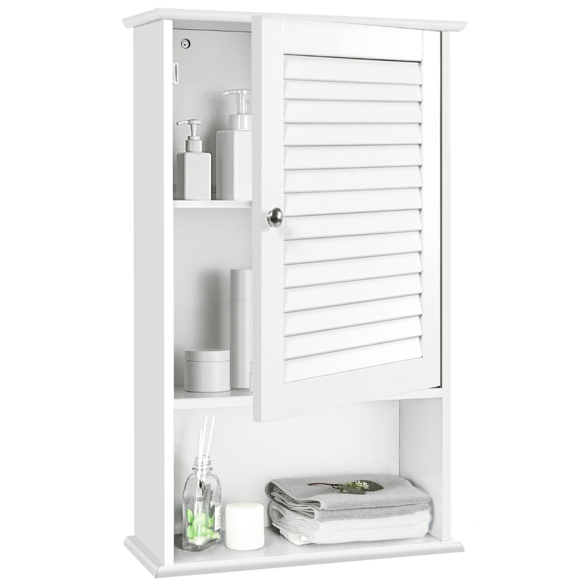 Large Capacity Storage Cupboard with Single Louver Door for Bathroom-White