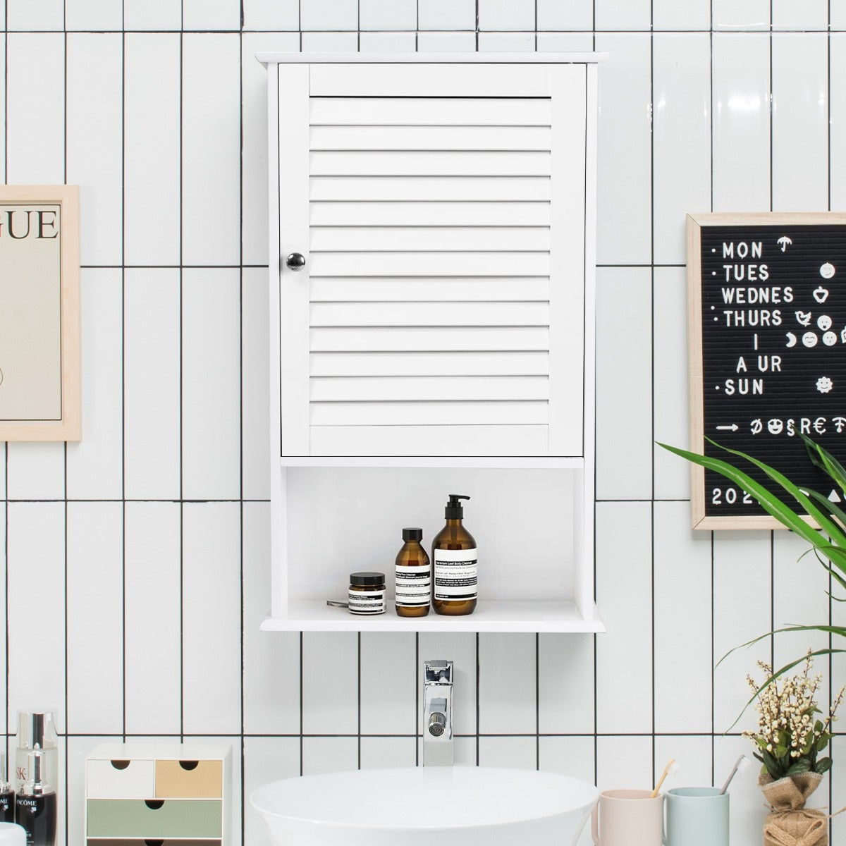 Large Capacity Storage Cupboard with Single Louver Door for Bathroom-White