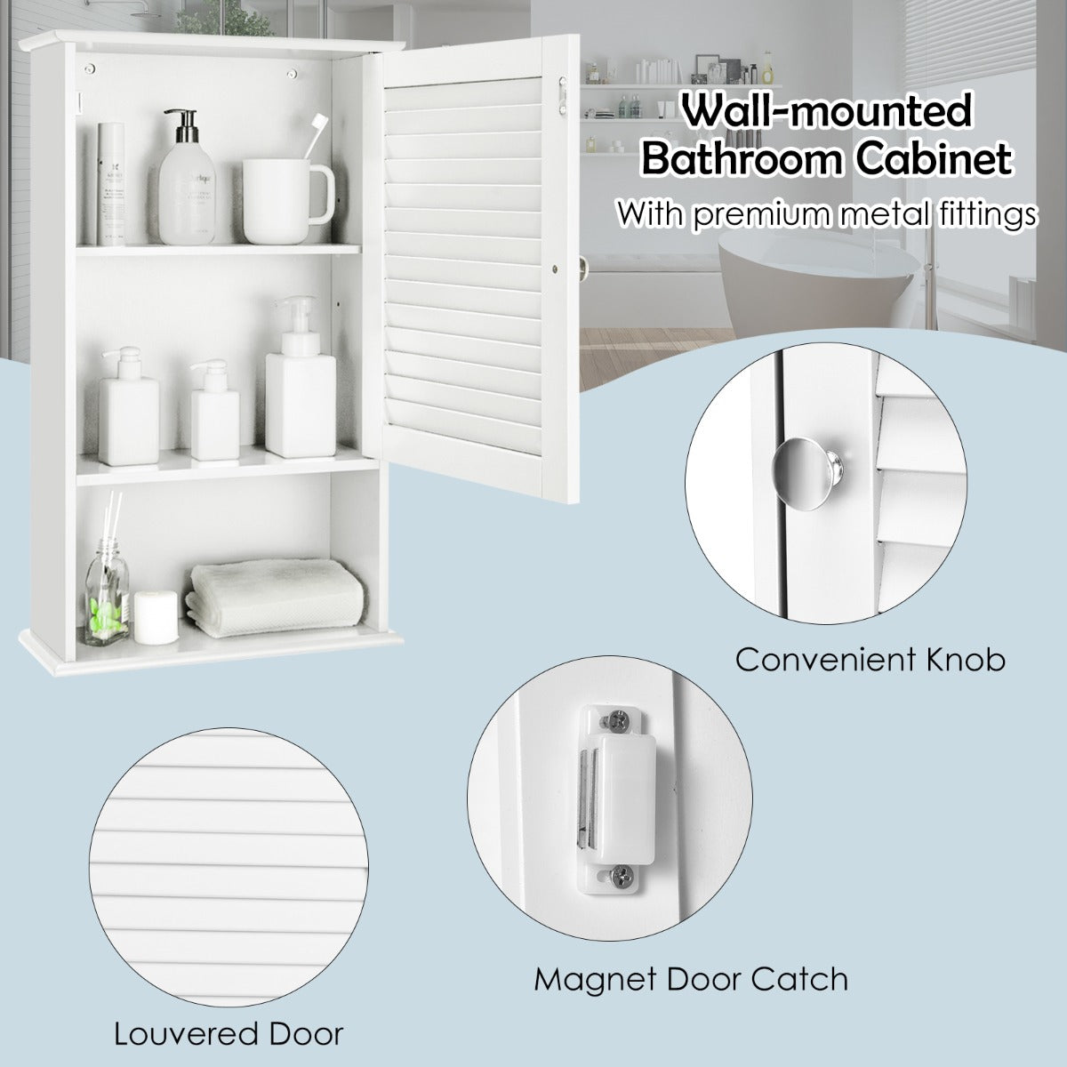 Large Capacity Storage Cupboard with Single Louver Door for Bathroom-White