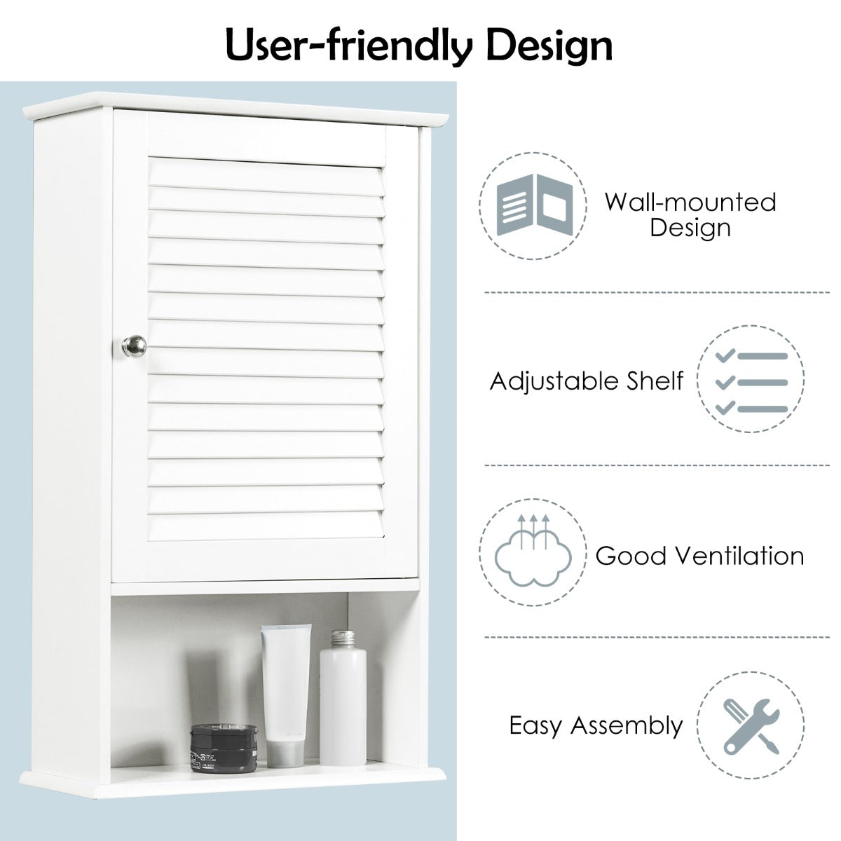 Large Capacity Storage Cupboard with Single Louver Door for Bathroom-White