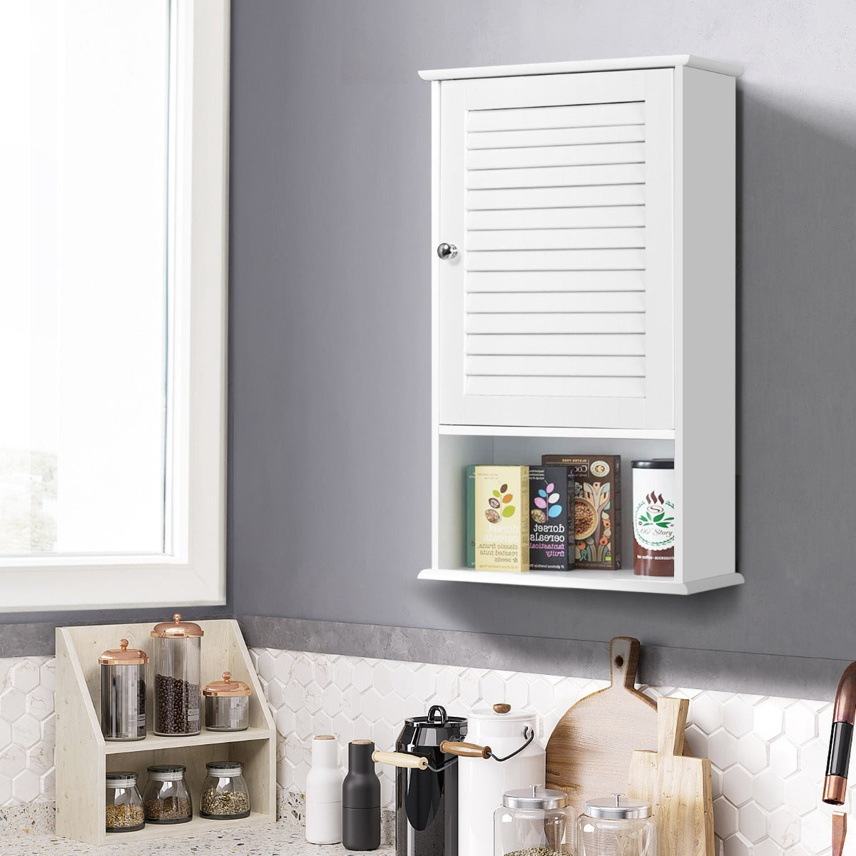 Large Capacity Storage Cupboard with Single Louver Door for Bathroom-White