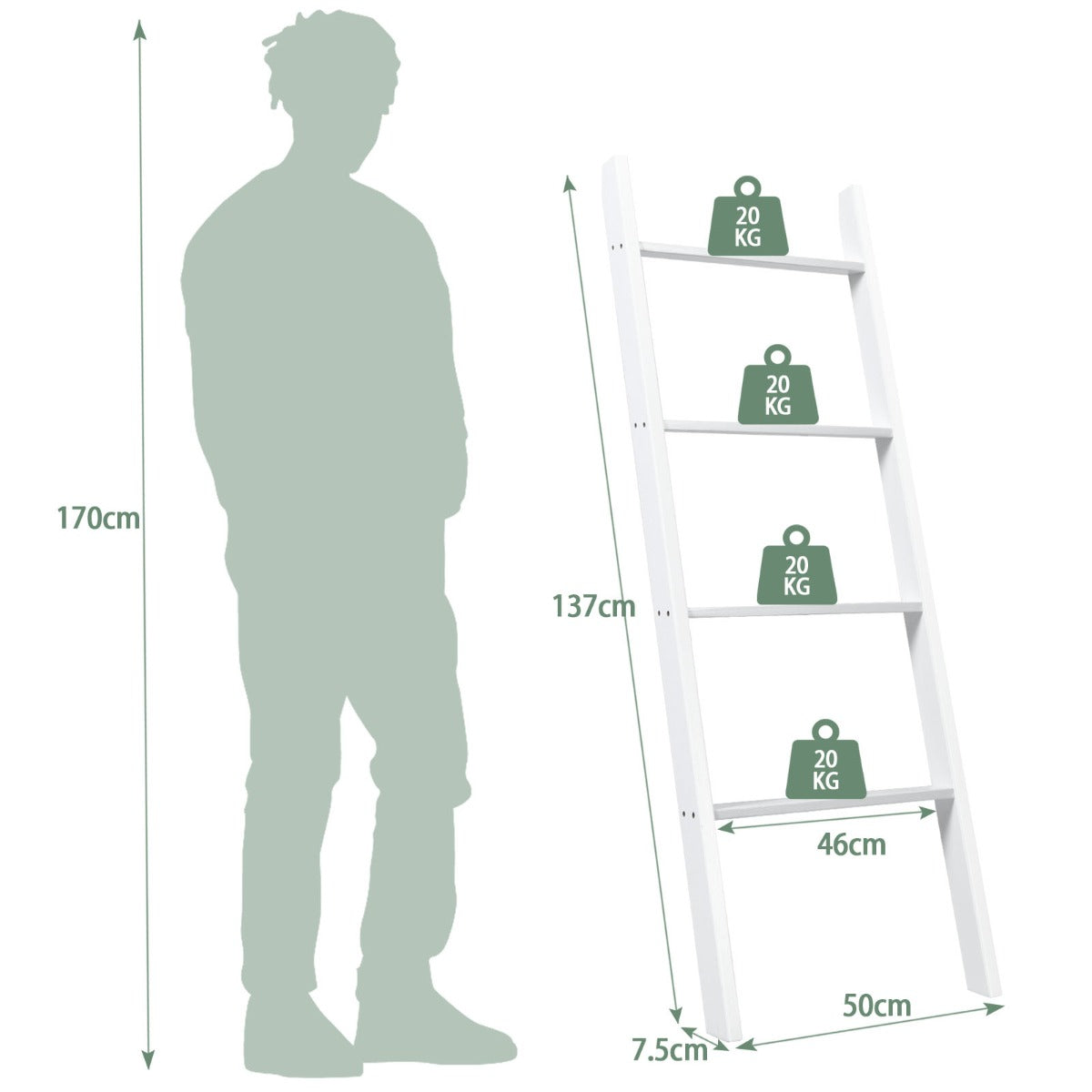 4-Tier Wooden Wall Leaning Ladder Shelf for Bathroom Living Room-White