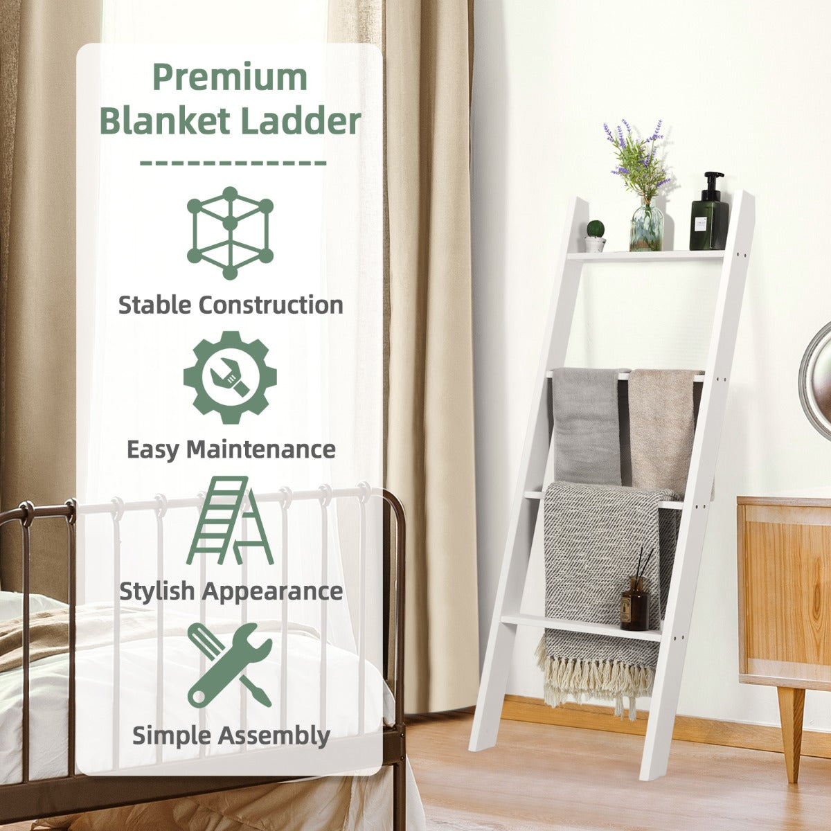 4-Tier Wooden Wall Leaning Ladder Shelf for Bathroom Living Room-White