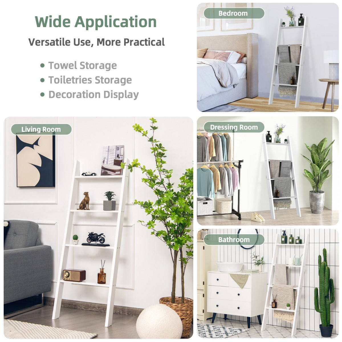 4-Tier Wooden Wall Leaning Ladder Shelf for Bathroom Living Room-White