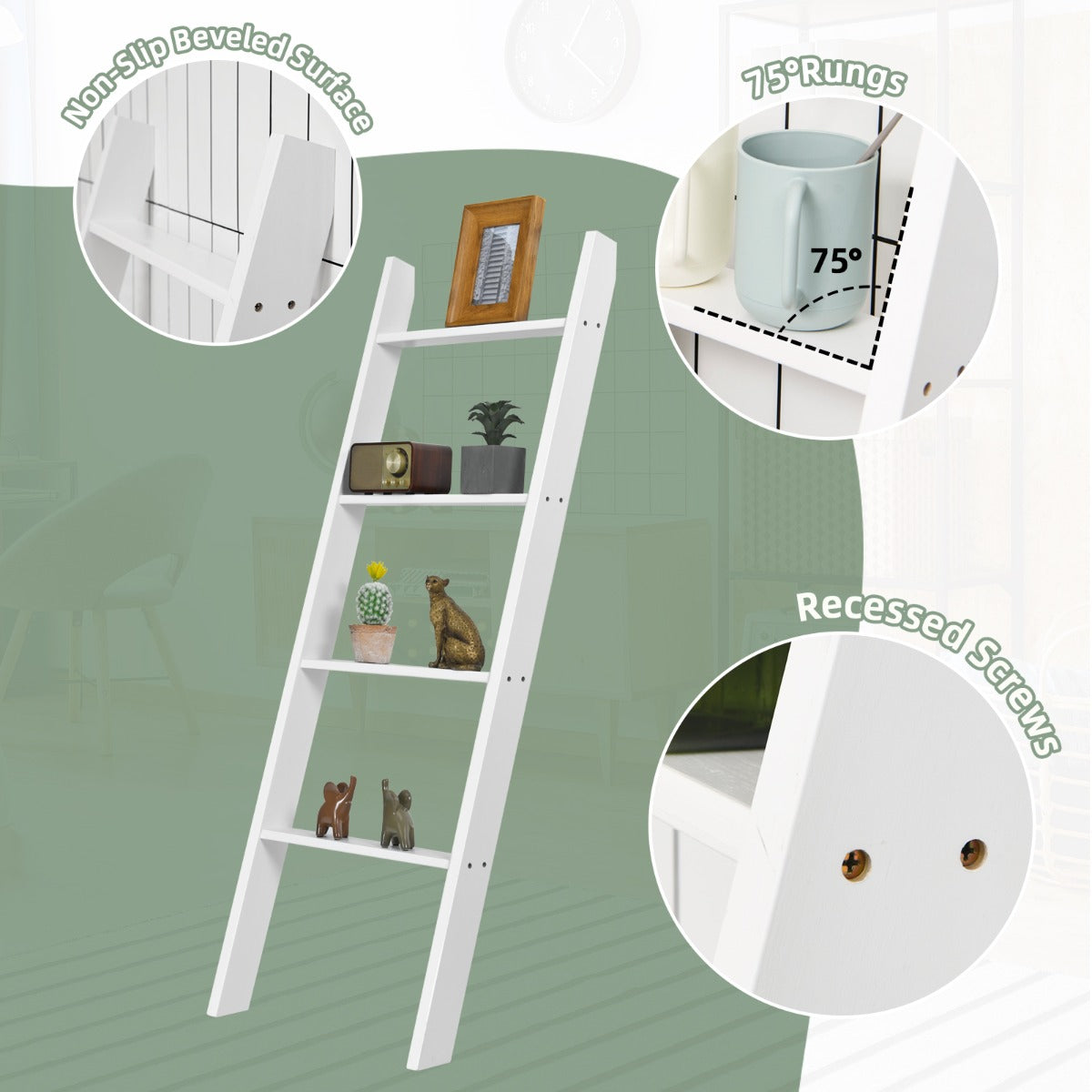4-Tier Wooden Wall Leaning Ladder Shelf for Bathroom Living Room-White