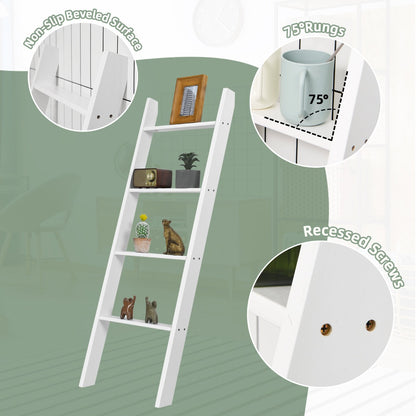 4-Tier Wooden Wall Leaning Ladder Shelf for Bathroom Living Room-White