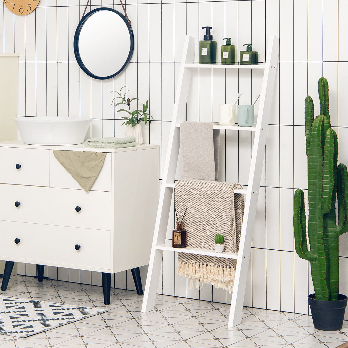 4-Tier Wooden Wall Leaning Ladder Shelf for Bathroom Living Room-White