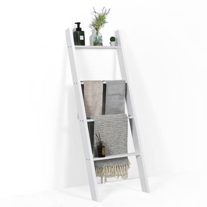 4-Tier Wooden Wall Leaning Ladder Shelf for Bathroom Living Room-White