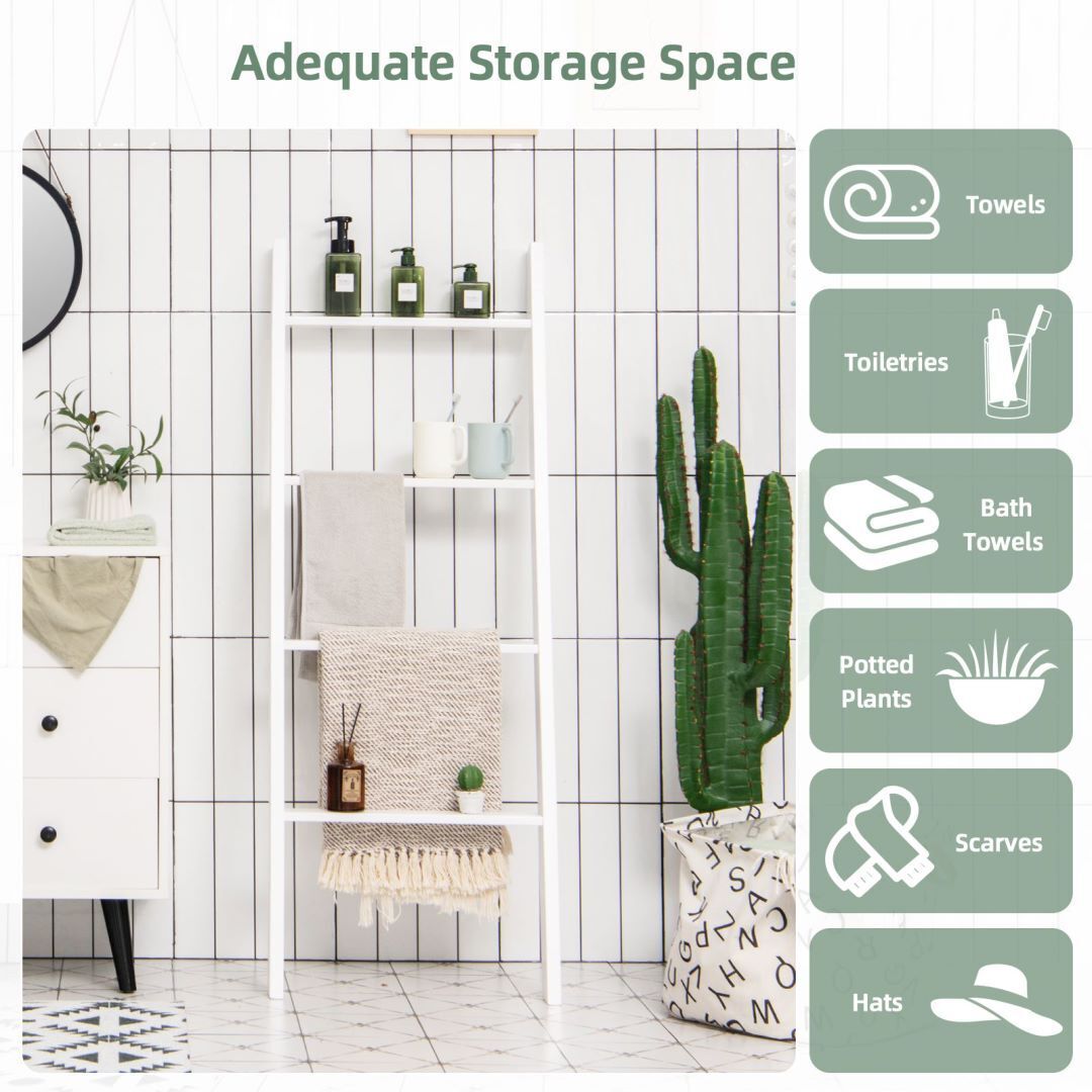 4-Tier Wooden Wall Leaning Ladder Shelf for Bathroom Living Room-White