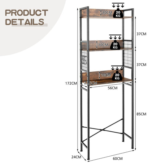 Three-tier over-the-toilet storage rack with industrial design and detachable hanging hooks