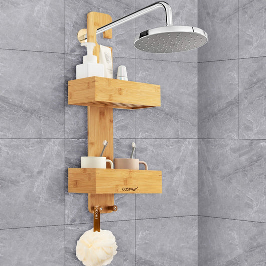 Costway 2-Tier Waterproof Bamboo Hanging Shower Caddy with 2 Hooks