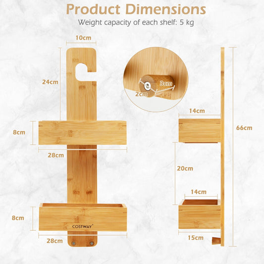 Bamboo hanging shower caddy provides two open baskets for bathroom storage and organization