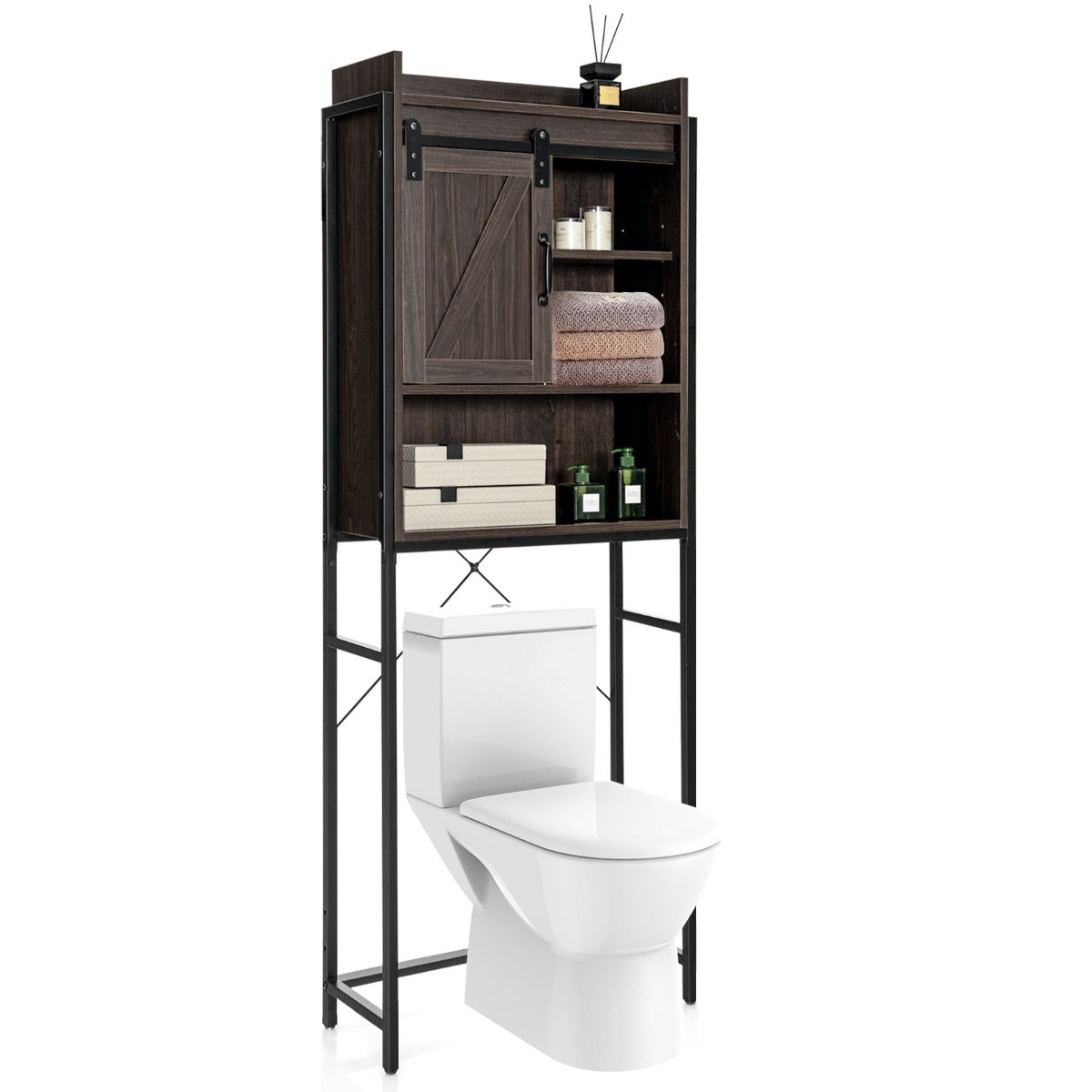 Space-saving Bathroom Organizer with Sliding Barn Door-Brown