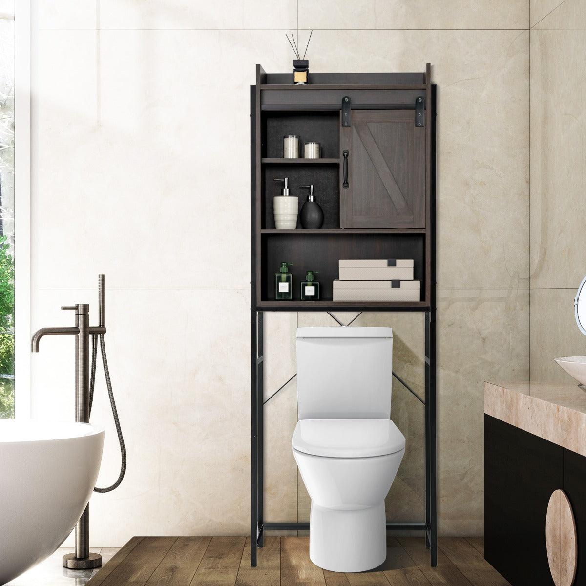 Space-saving Bathroom Organizer with Sliding Barn Door-Brown