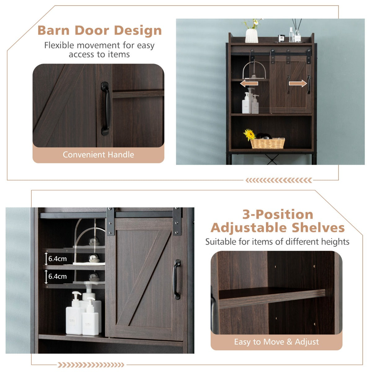 Space-saving Bathroom Organizer with Sliding Barn Door-Brown