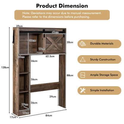 Over The Toilet Storage Cabinet with Sliding Barn Door and Shelves-Brown