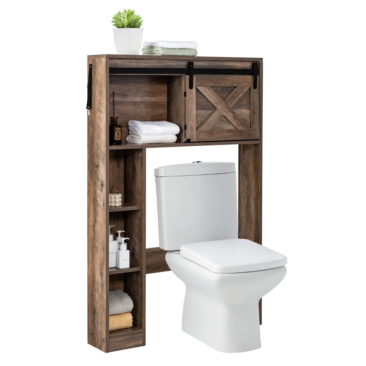 Over The Toilet Storage Cabinet with Sliding Barn Door and Shelves-Brown