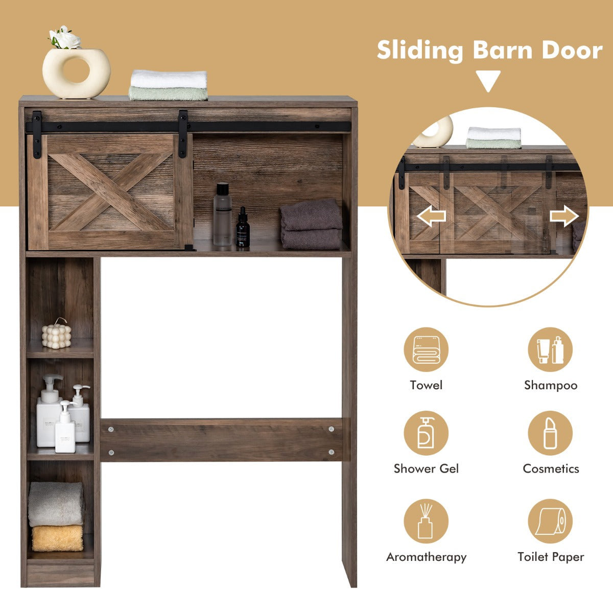 Over The Toilet Storage Cabinet with Sliding Barn Door and Shelves-Brown