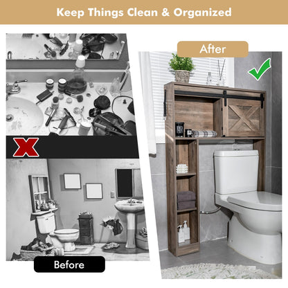 Over The Toilet Storage Cabinet with Sliding Barn Door and Shelves-Brown