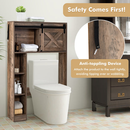 Over The Toilet Storage Cabinet with Sliding Barn Door and Shelves-Brown