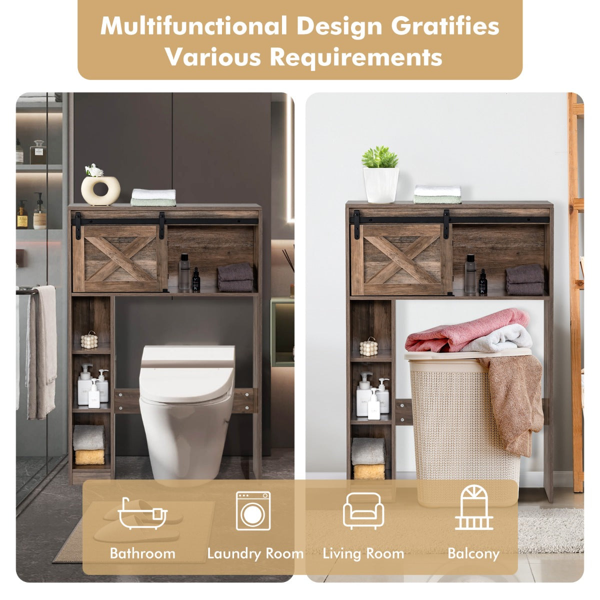 Over The Toilet Storage Cabinet with Sliding Barn Door and Shelves-Brown