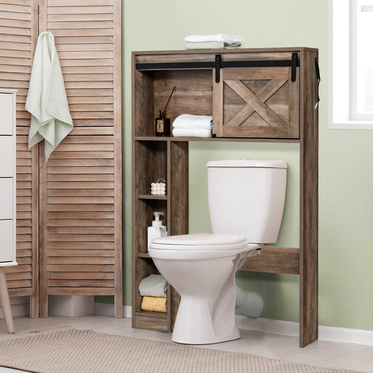 Over The Toilet Storage Cabinet with Sliding Barn Door and Shelves-Brown