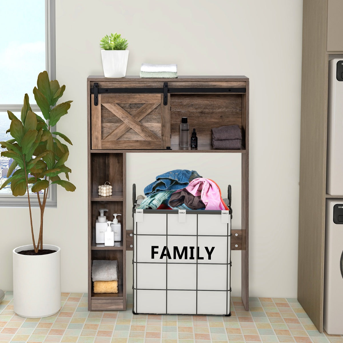Over The Toilet Storage Cabinet with Sliding Barn Door and Shelves-Brown