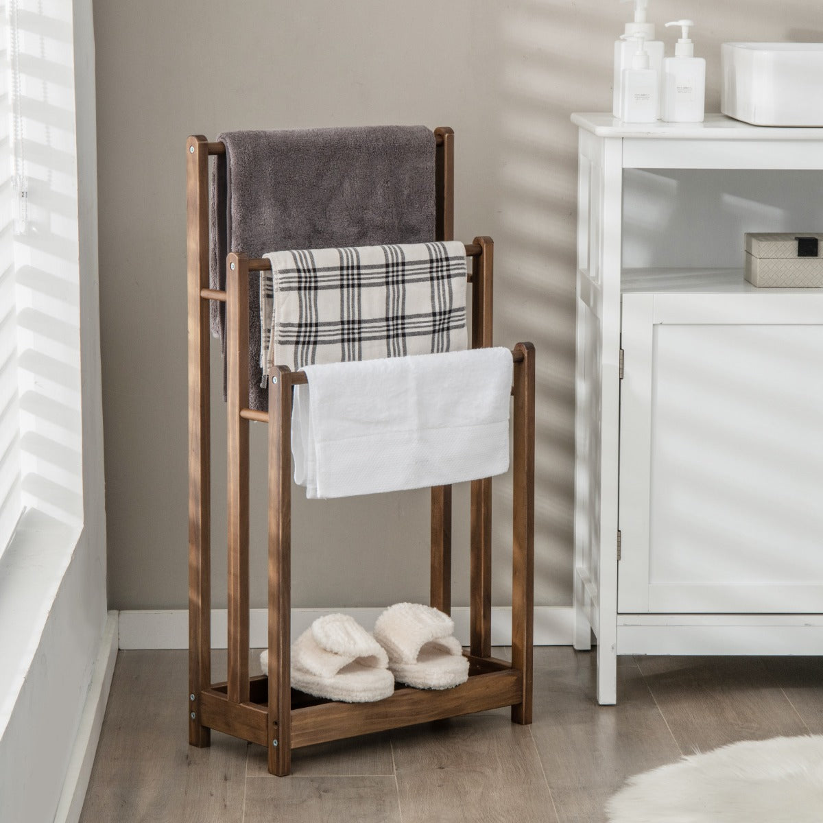 Freestanding Wood Towel Rack with Bottom Storage Shelf for Bathroom-Coffee