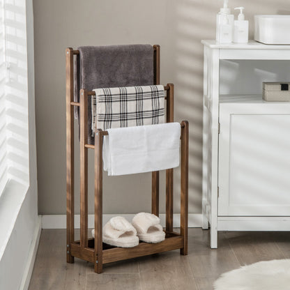 Freestanding Wood Towel Rack with Bottom Storage Shelf for Bathroom-Coffee