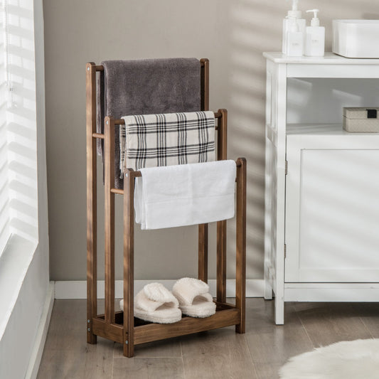 Freestanding Wood Towel Rack with Bottom Storage Shelf for Bathroom-Coffee