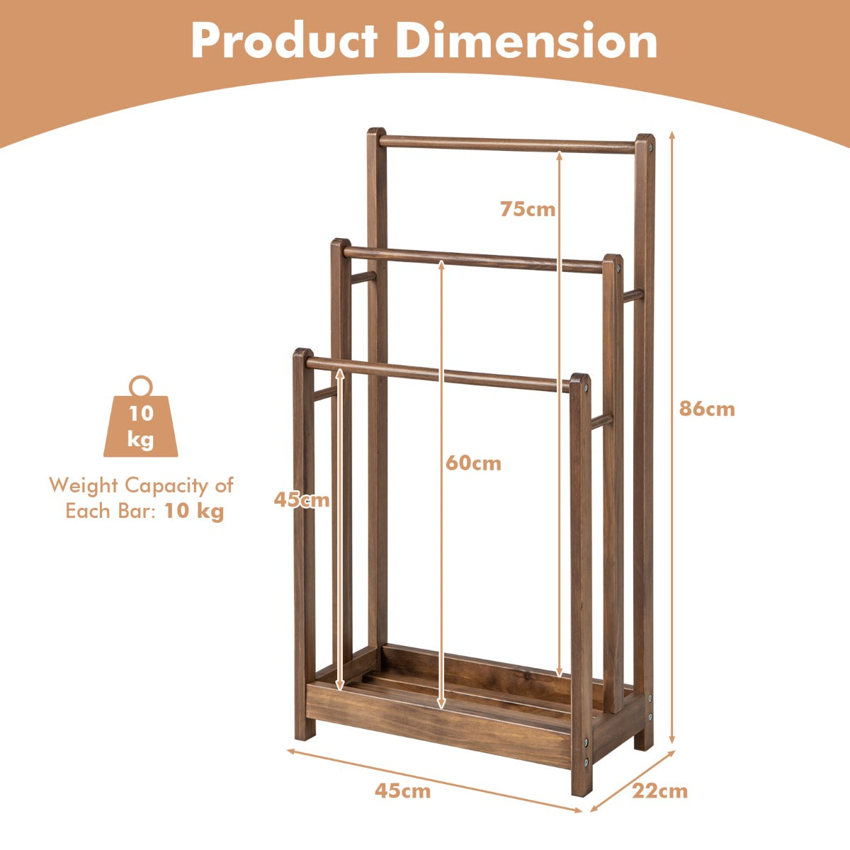 Freestanding Wood Towel Rack with Bottom Storage Shelf for Bathroom-Coffee